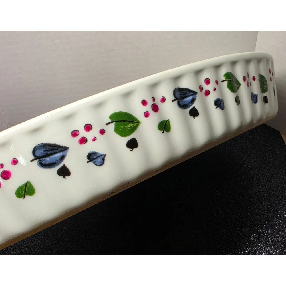 Vintage Oval Ceramic Baking Dish Fruit Vine Pomegranate White 12 Inch Casserole